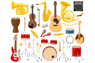 Cartoon musical instruments. Acoustic and electric instruments, guitar