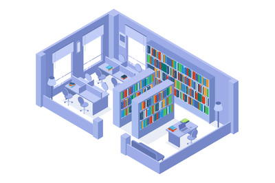 School or university isometric library bookshelves and bookcases inter