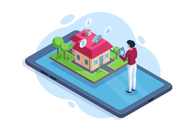 Isometric smart house security workspace technology concept. Smart hou