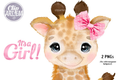 Girl Giraffe with Pink Polka Bow Watercolor 2 PNG clip art