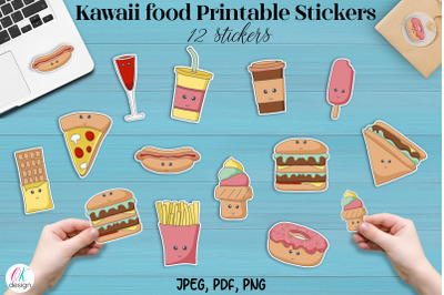 Kawaii food Printable Stickers. 12 cute food stickers. JPEG. PDF&2C; PNG