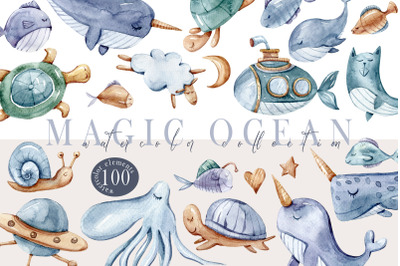 Watercolor nautical nursery collection-clipart, patterns