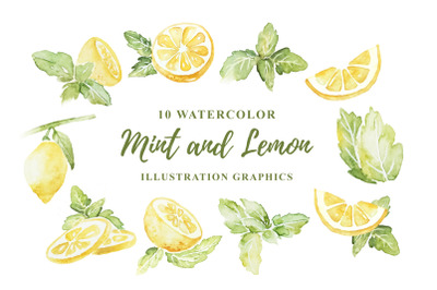 10 Watercolor Mint and Lemon Illustration Graphics