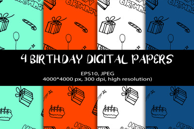 4 Birthday Digital Papers. Colored Seamless Patterns.