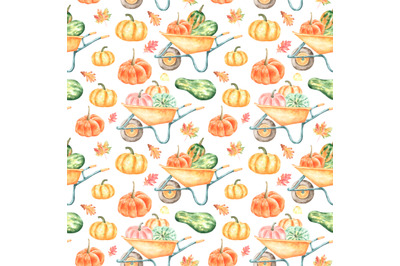 Harvest pumpkins watercolor seamless pattern. Thanksgiving. Farmhouse