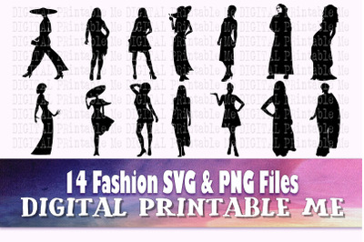 Fashion Woman svg, Female silhouette bundle, PNG clip art, 14 pretty w