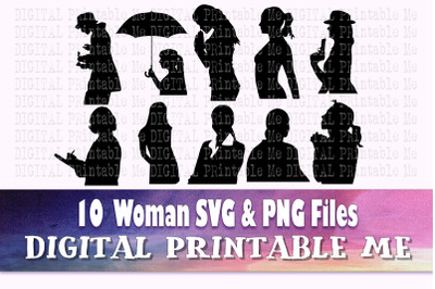 Woman svg, lady silhouette bundle, PNG clip art, 7 women waist up imag