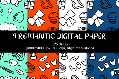 4 Romantic Digital Papers. Colored Seamless Patterns.