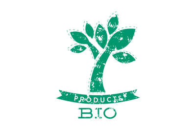 Bio product stamp with green tree and ribbon