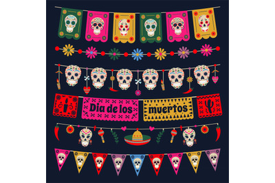 Dia de los muertos bunting flags. Mexican dead day bunting decoration,