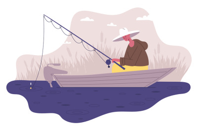 Fisherman fishing in boat. Male outdoor activity&2C; fisherman character