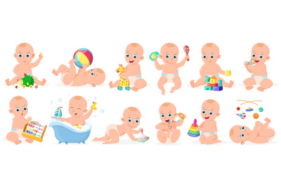 Playing babies. Cute infant baby boy or girl playing with ball, pyrami