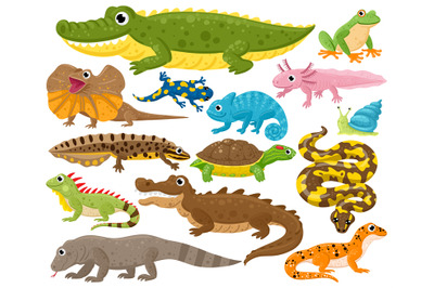 Reptiles and amphibians. Cartoon frog&2C; chameleon&2C; crocodile&2C; lizard an