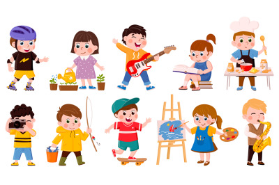 Children hobby. Cartoon school or preschool kids cook, read, draw and