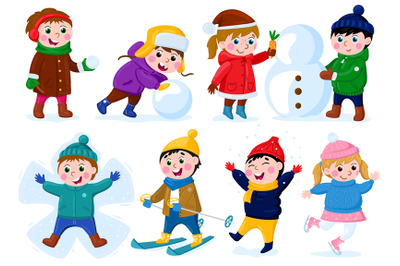 Winter children activities. Snow outdoor activity, happy little girls