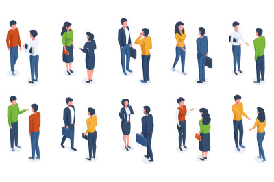 Isometric people. Male and female adult 3d isometric characters in cas