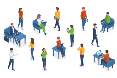 Isometric people with gadgets. Office characters working with smartpho