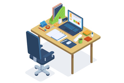 Isometric office workspace. Freelance or coworking office desk, laptop