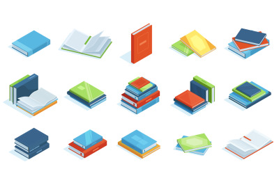 Isometric library books. School education textbooks, encyclopedia or s