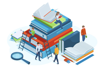 Isometric books concept. Reading people on huge 3d pile of books, male