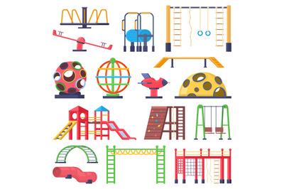 Kids outdoor ladders, carousel and swing playground elements. Children