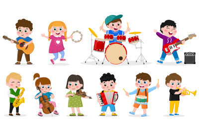 Kids playing musical instruments. Child music band, girls and boys pla