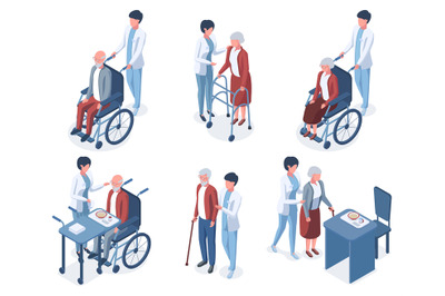 Isometric 3d old people medical help care. Senior people medical thera