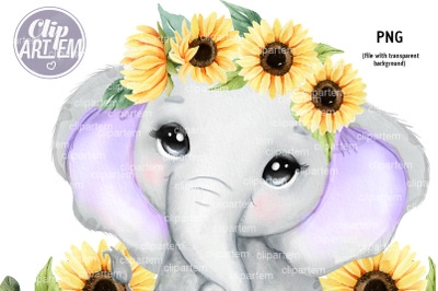 Cute Purple Sunflower Elephant Girl PNG Clip Art