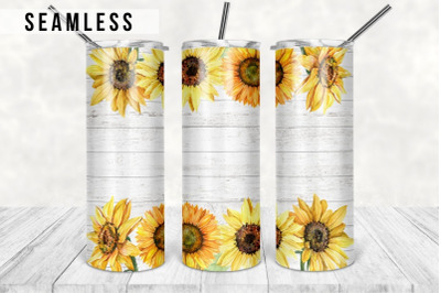 20oz Skinny Tumbler Sublimation Designs White Wood with Sunflower