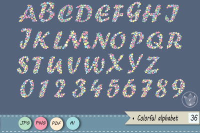 Colorful alphabet clipart png, colorful numbers, dotted alphabet