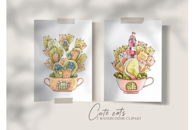 Watercolor cute cats clipart &2F; sublimation - 2 png files