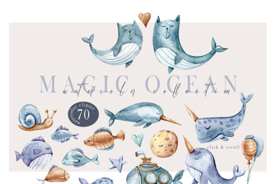 Watercolor nautical nursery clipart -70 png files