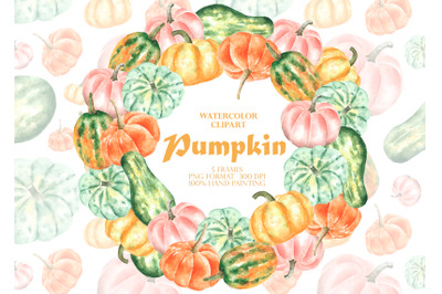 Pumpkins watercolor clipart. Pumpkin frame PNG. Fall. Thanksgiving.