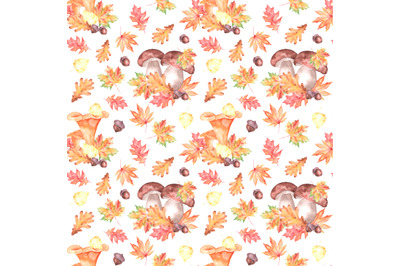 Mushrooms watercolor seamless pattern. Fall forest. Chanterelles