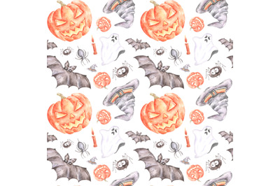 Halloween watercolor seamless pattern. Horror. Pumpkin