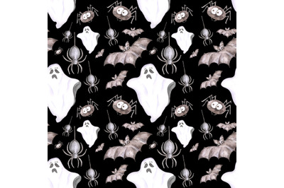 Horror Halloween watercolor seamless pattern. Black spiders. Ghosts.