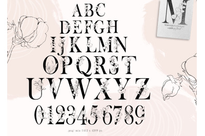 Floral alphabet clipart. Uppercase letters, numbers- 37 png