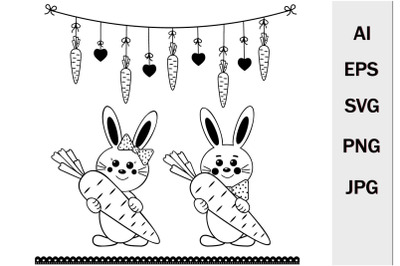 Cute bunnies with carrots and garland&2C; contour