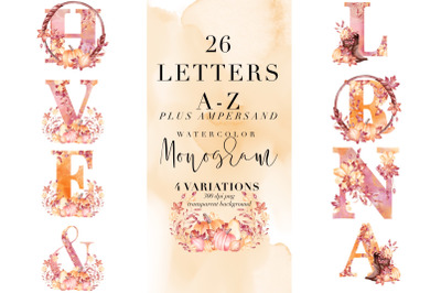 26 Letters &amp; Ampersand Watercolor Autumn Monogram, Fall PNG, Clipart