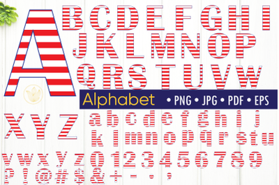 Alphabet with stripes, letters and numbers, clipart png