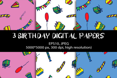 3 Birthday Digital Papers. Colored Seamless Patterns.