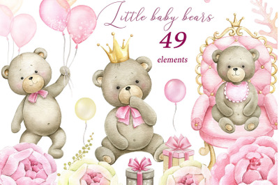 Little bear Baby girl shower Pink Floral Watercolor Clipart