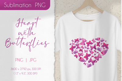Heart with Butterflies Clipart. Cute Pink Heart Sublimation PNG