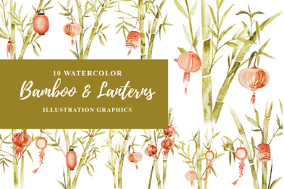 10 Watercolor Bamboo and Lanterns Illustration Graphics