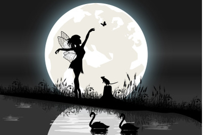 cute fairy and moon silhouette landscape