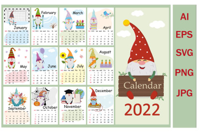 Calendar for 2022 with the cute dwarves character