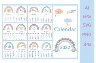 Boho style calendar for 2022 with rainbows