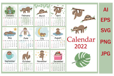 Calendar for 2022 cute Sloth characters