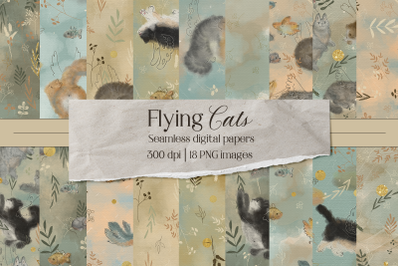 Flying Cats Digital Papers. Seamless Patterns