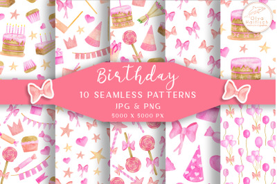Happy Birthday Seamless Patterns. Watercolor Birthday Party Celebratio